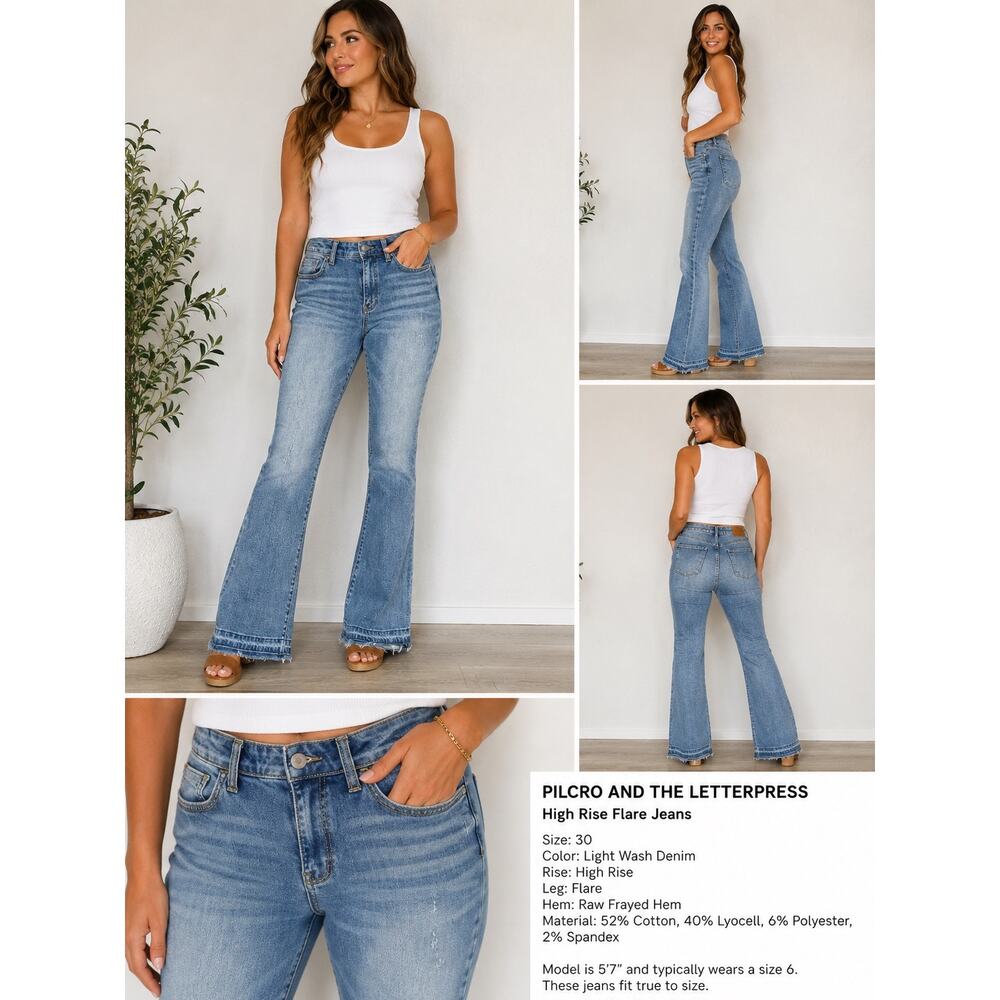 Pilcro High Rise Flare Jeans Size 30 Light Wash Raw Hem Stretch Denim Boho Y2K